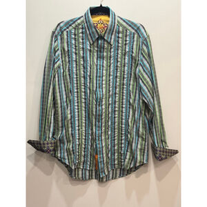 Robert Graham Funky Striped Button from Shirt Men Medium Flip Cuff Embroidered